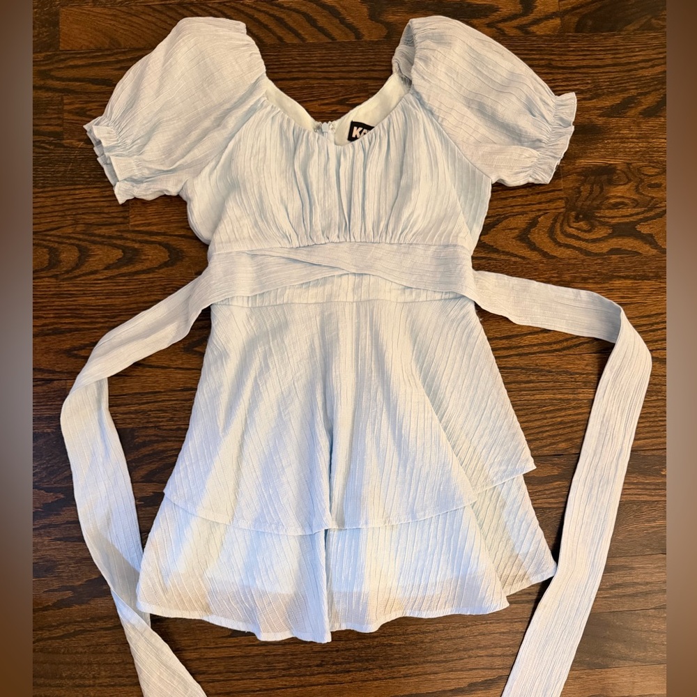 Katie J girls Light Blue Tiered Dress with Waist Tie- size XL